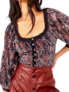 NWT Free People Velvet Dare Me Paisley Blouse M Boho Lantern Sleeve Top $128